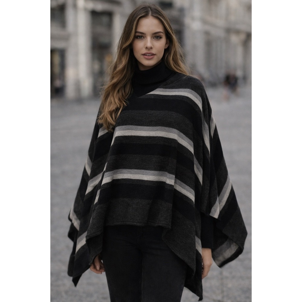 ANNTARAH‎ Striped Baby Alpaca Poncho Black Grey White One Size
